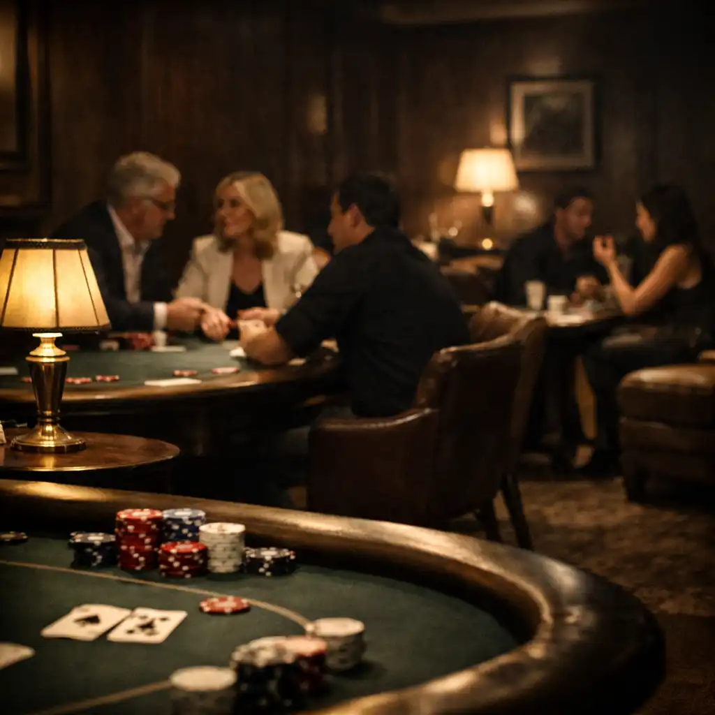 Guests conversing around poker tables in an intimate dark wood card lounge