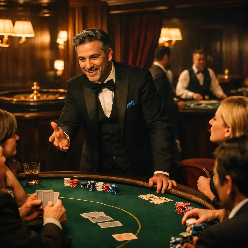 Host and guests interacting around a felt poker table in a card lounge