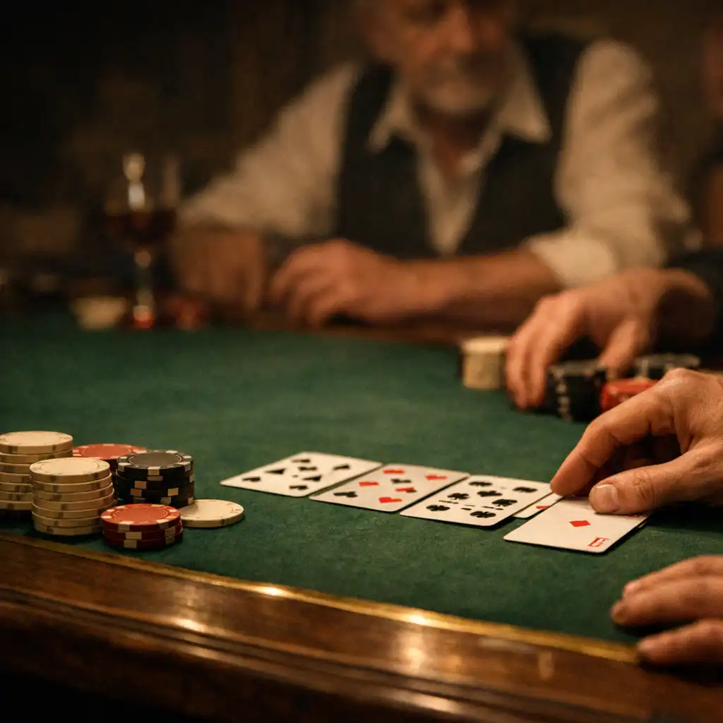 Hands arranging physical cards and chips on green felt beside a dark wood table edge