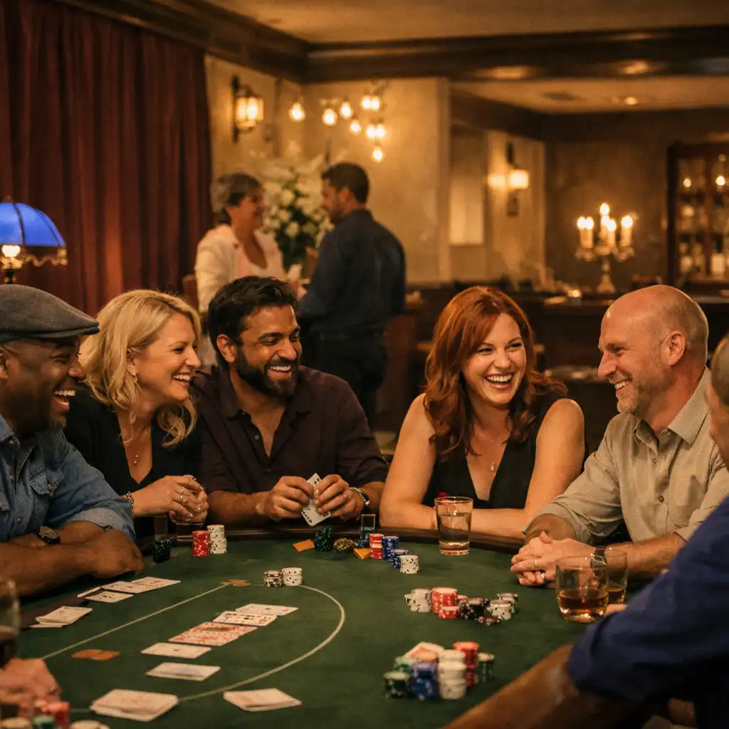 Guests laughing together around a felt poker table during a private celebration
