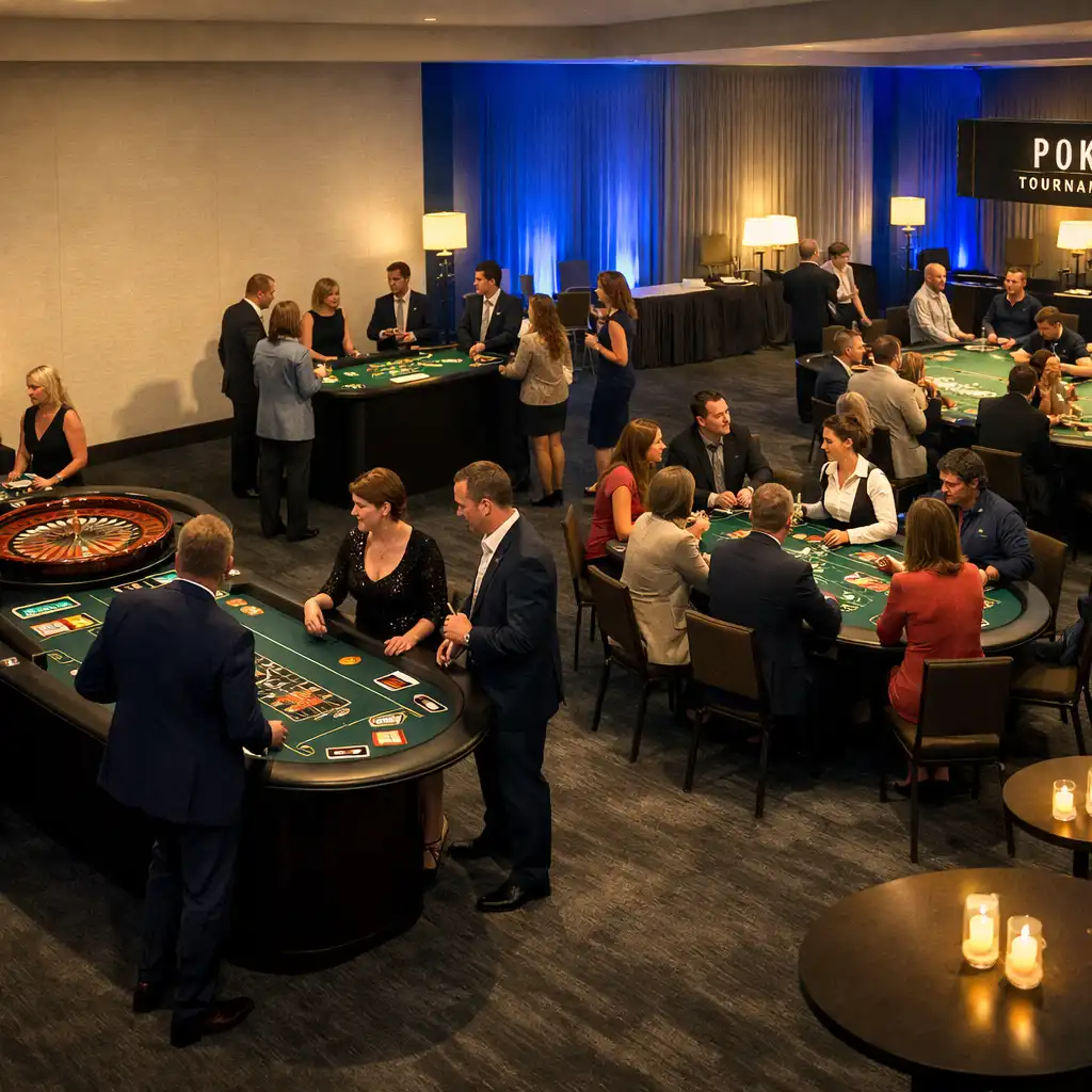 A contemporary event venue with roulette, blackjack, and poker table zones for guests