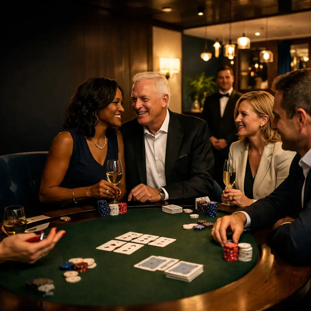 Corporate guests talking around a dark wood card lounge and felt table
