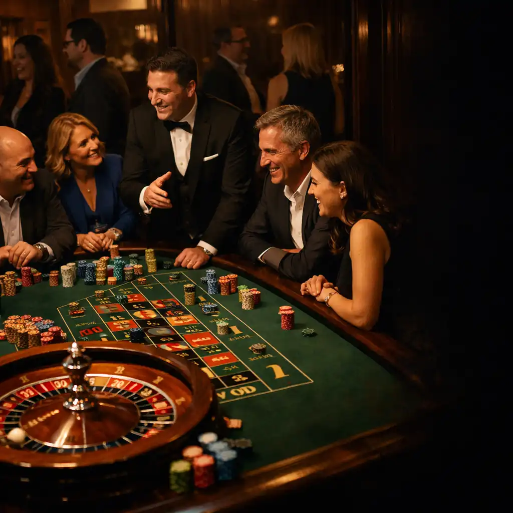 Colleagues gathered around a hosted physical roulette table