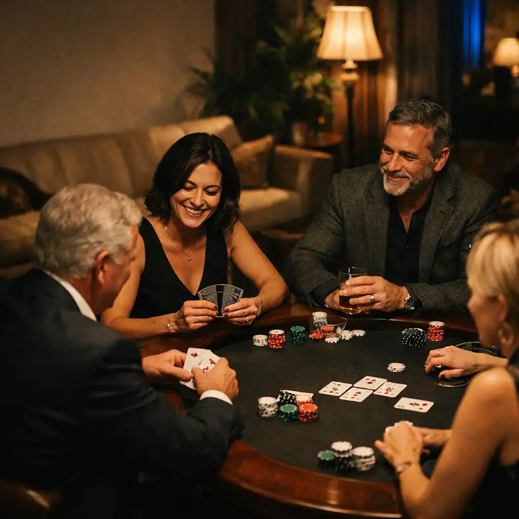 Adult guests in conversation around a dark wood card-lounge table with physical cards and chips.