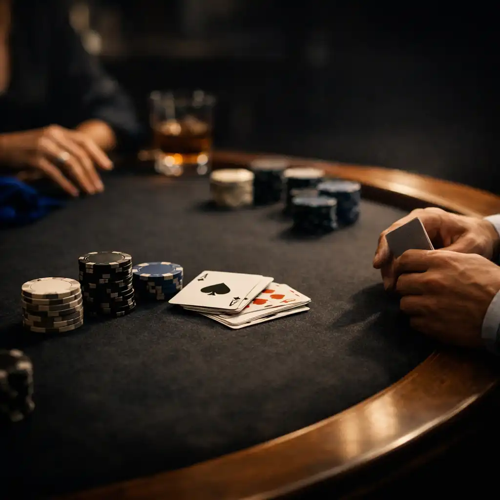 Physical cards and unbranded chips on a dark felt table with guests' hands nearby.