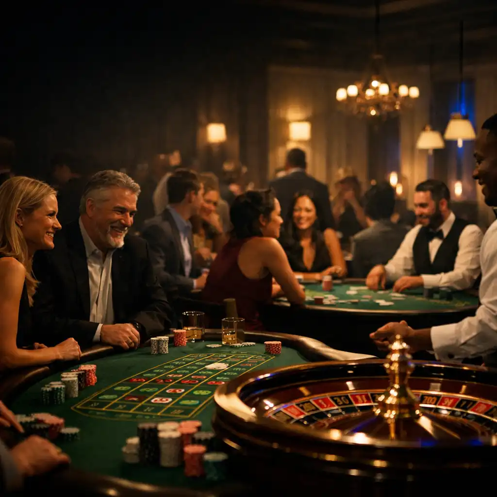 Hosted offline casino-night tables with adult guests, cards, chips and warm venue lighting.
