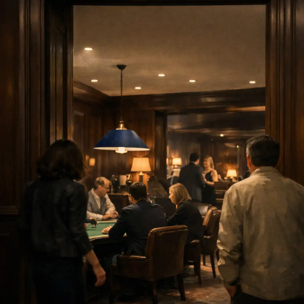 Guests moving between a warmly lit card room and a darker lounge with a poker table in view.