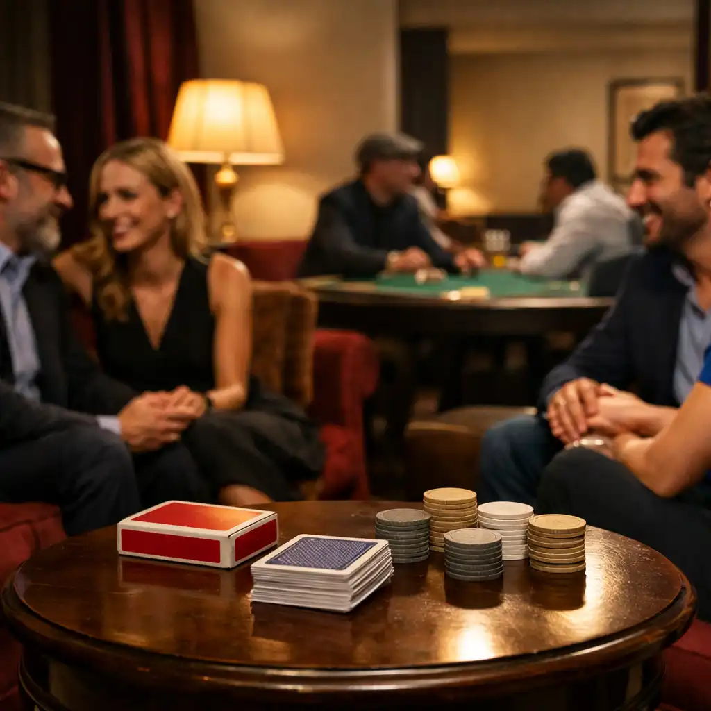 Guests talking in a warm card lounge with tables nearby