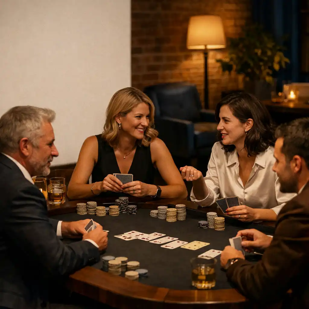 Guests gathered around a hosted card table in a warm event lounge