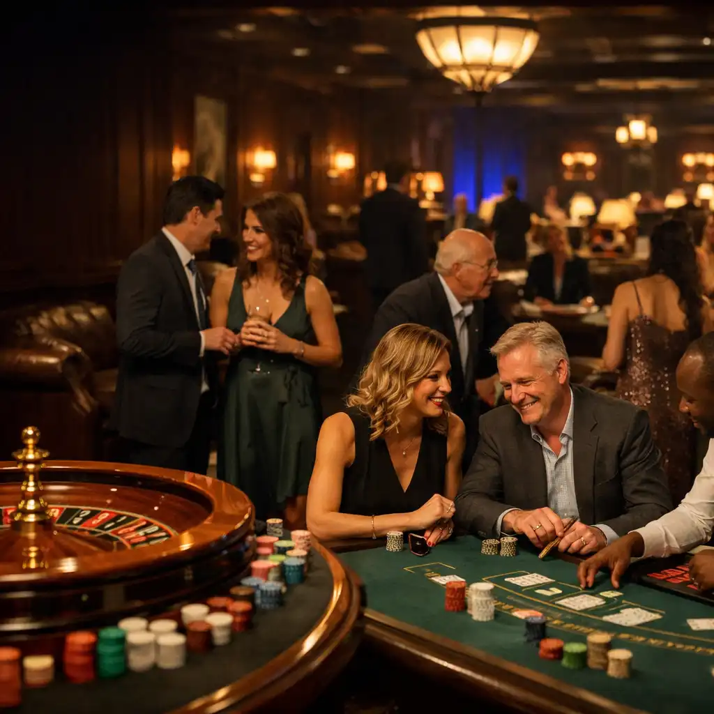 Guests and event staff around hosted roulette and blackjack tables