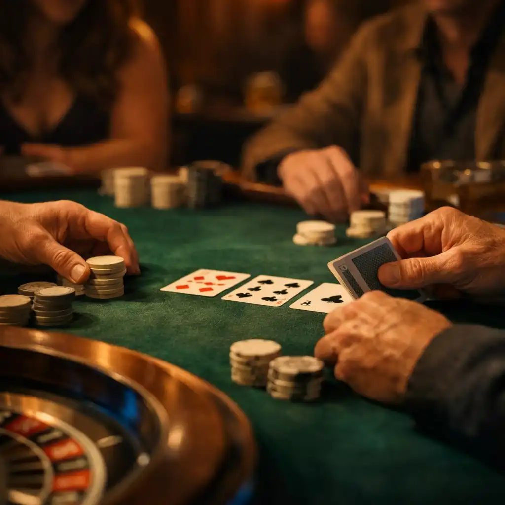 Hands arranging cards and neutral chips at a hosted poker table