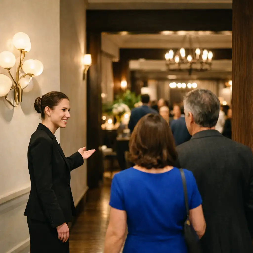 Host welcoming guests into a softly lit event venue