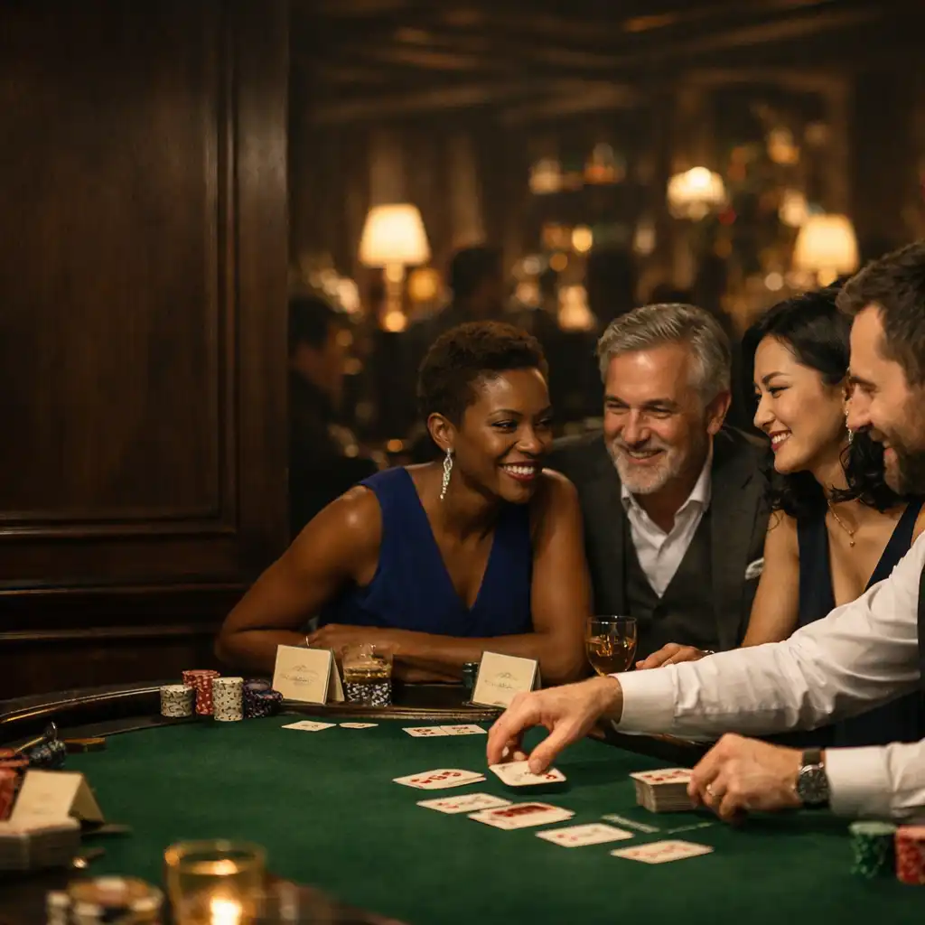 Guests gathered around a hosted physical card table in an atmospheric event room