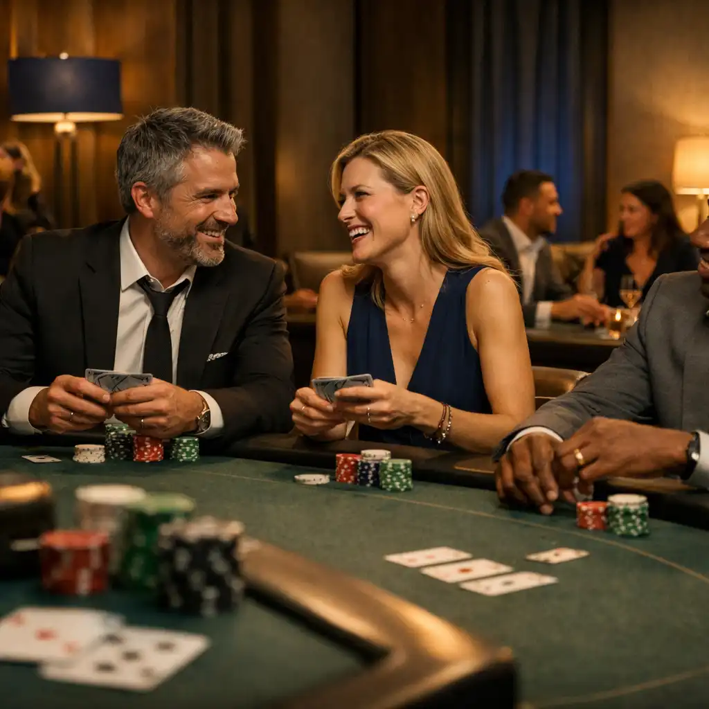 Colleagues gathered around physical poker tables in an after-hours card lounge