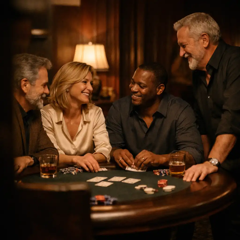 Guests sharing conversation around a dark wood table in an intimate card room