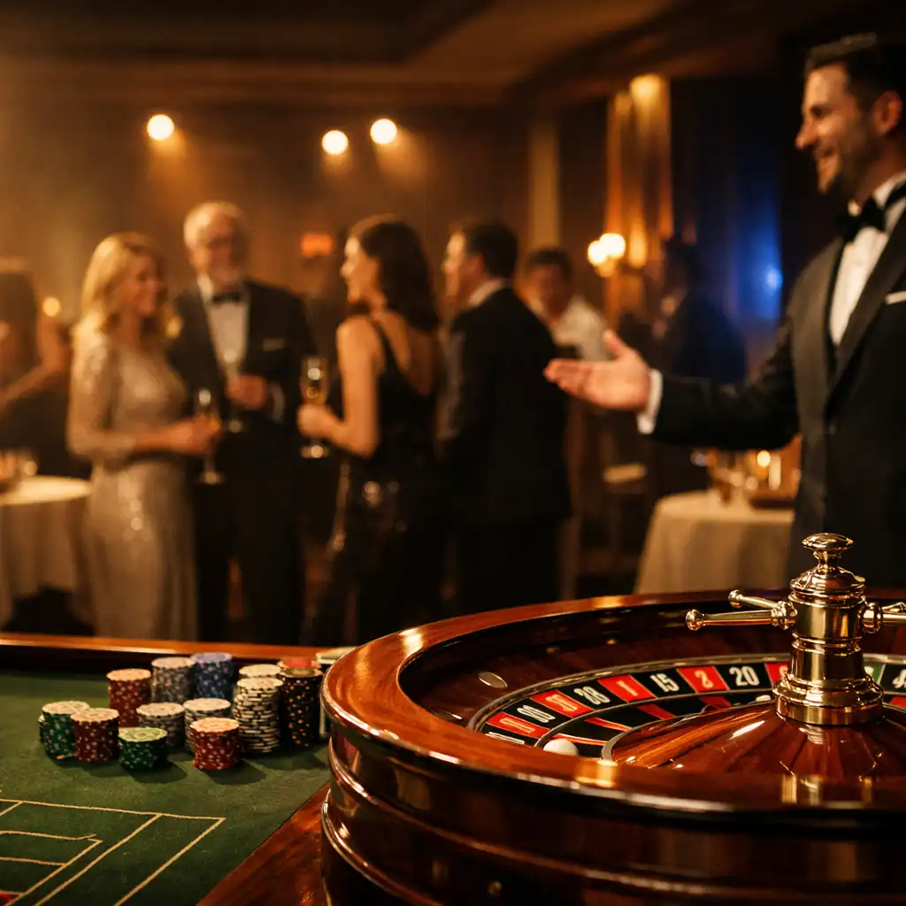 Guests arriving at a hosted roulette table during a late-evening private celebration