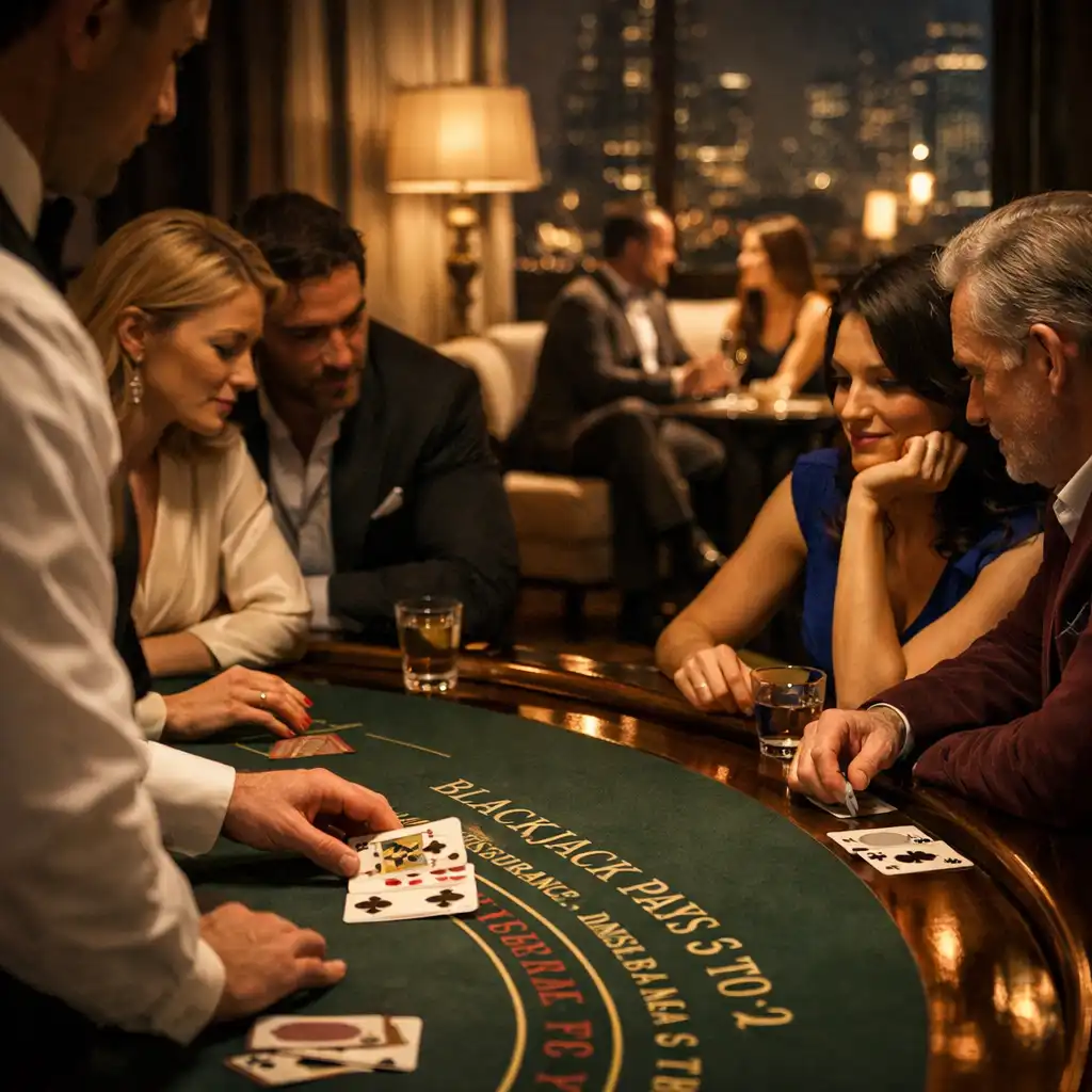 A hosted blackjack table surrounded by guests in a softly lit lounge