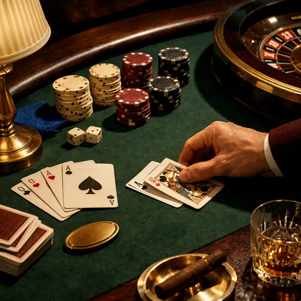Cards, chips, felt, wood grain and a roulette wheel arranged on a design-led event table