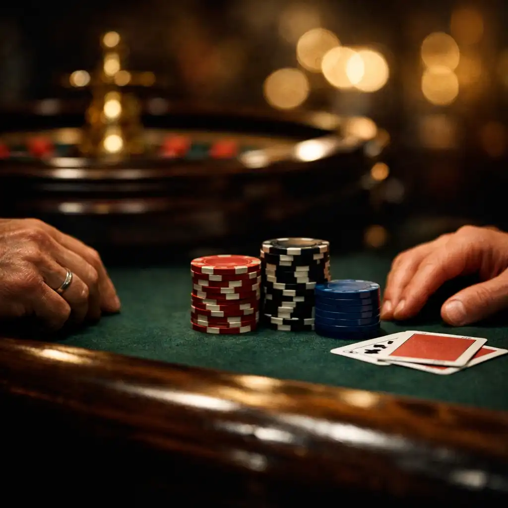 Hands, cards and chips resting on felt beside a polished dark wood table edge