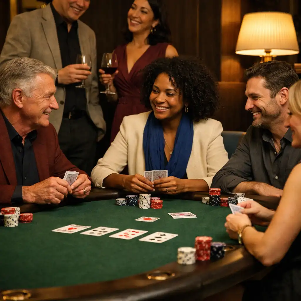 Guests talking around a felt poker table in a refined card lounge