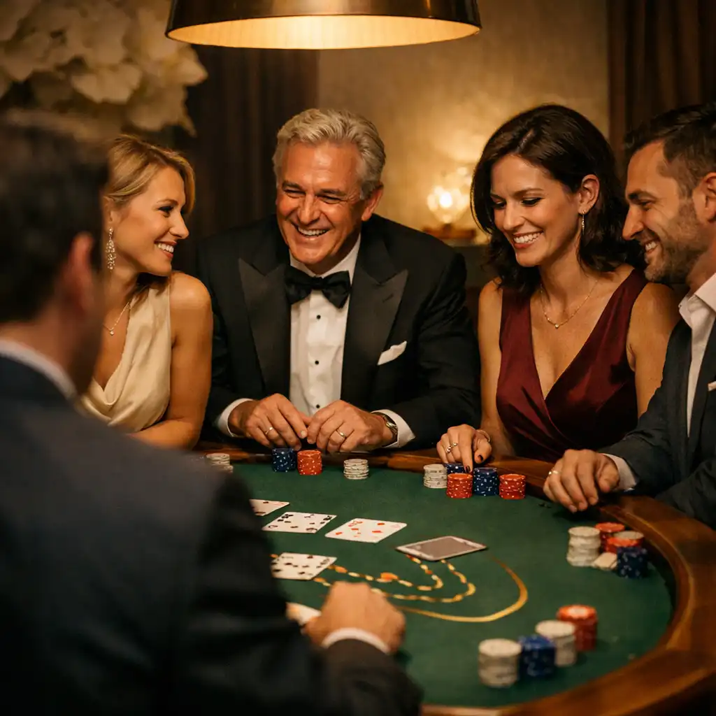 Guests enjoying a refined card-room moment at a private celebration