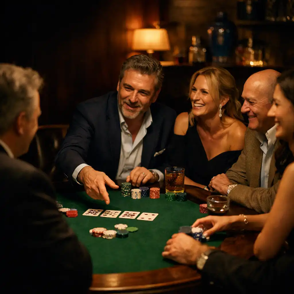 Guests gathered around a physical poker table in a warm private card lounge
