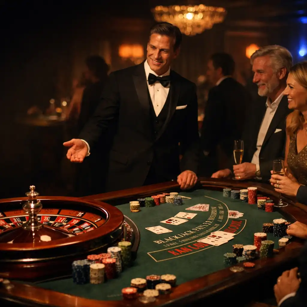 Host and guests around physical roulette and blackjack tables at a private event