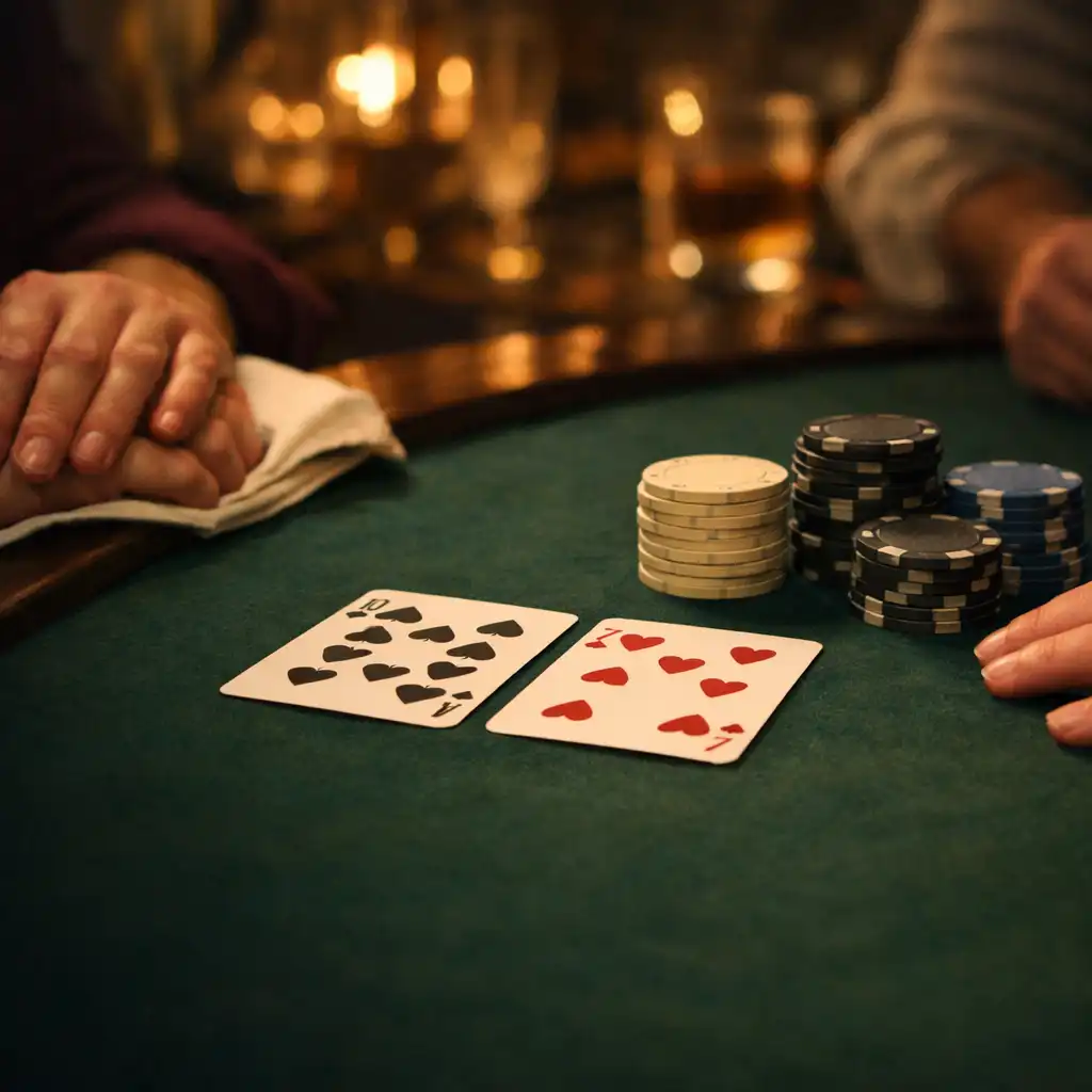 Hands near physical cards and unbranded chips on green felt beside a dark wood table
