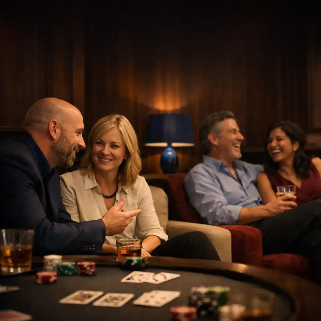 Colleagues relaxing beside a card table in a refined card lounge
