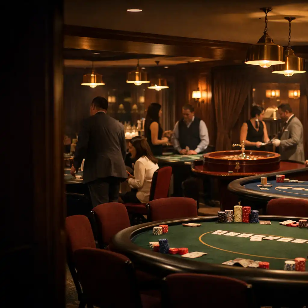 Warmly lit card room with poker tables, roulette wheel, blackjack table, hosts, and guests