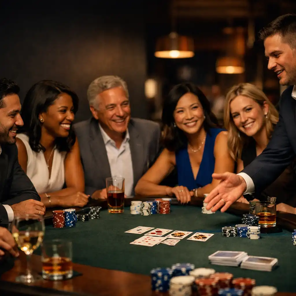 Colleagues and a host gathered around a warmly lit physical poker table