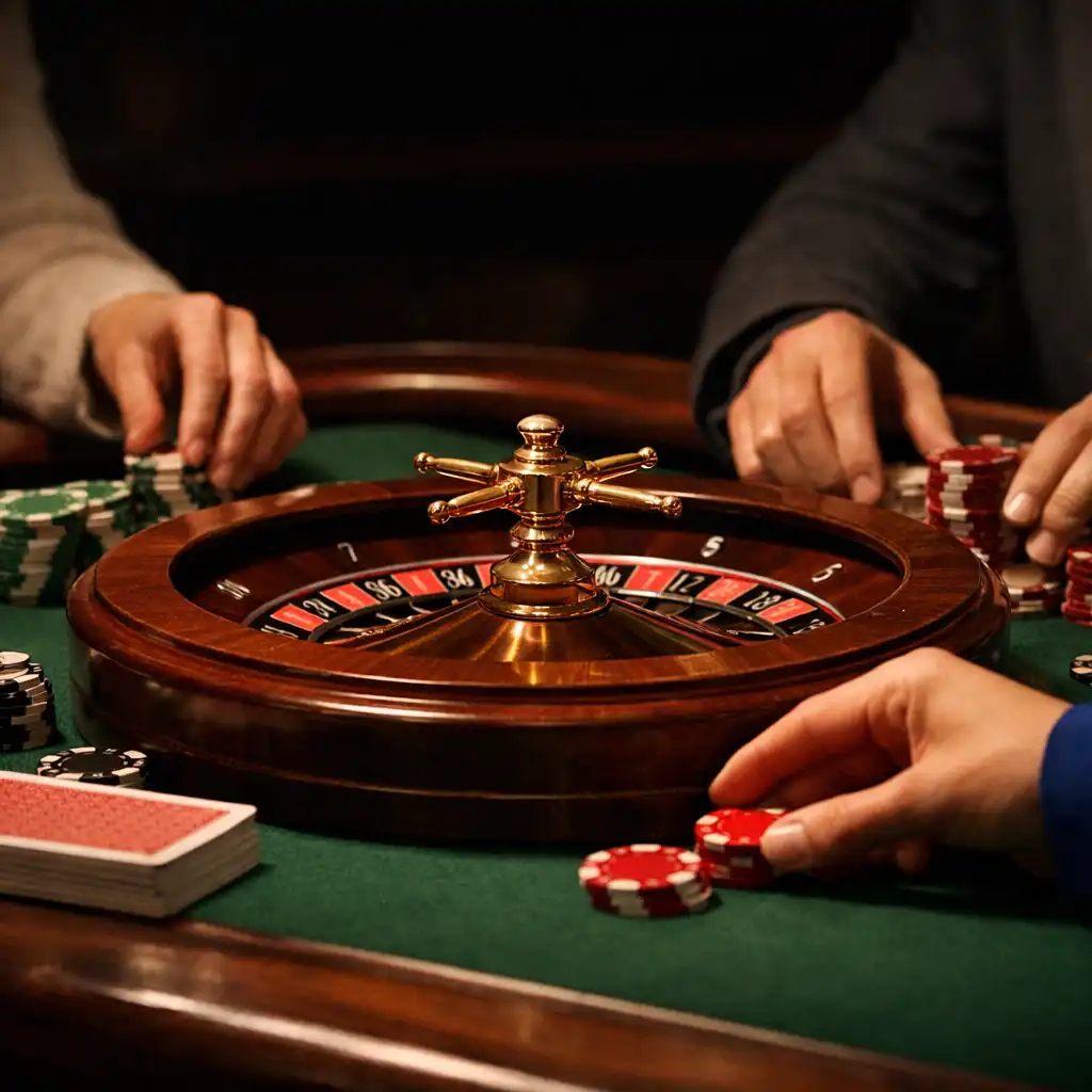 Hands gathered around a physical roulette wheel and felt table