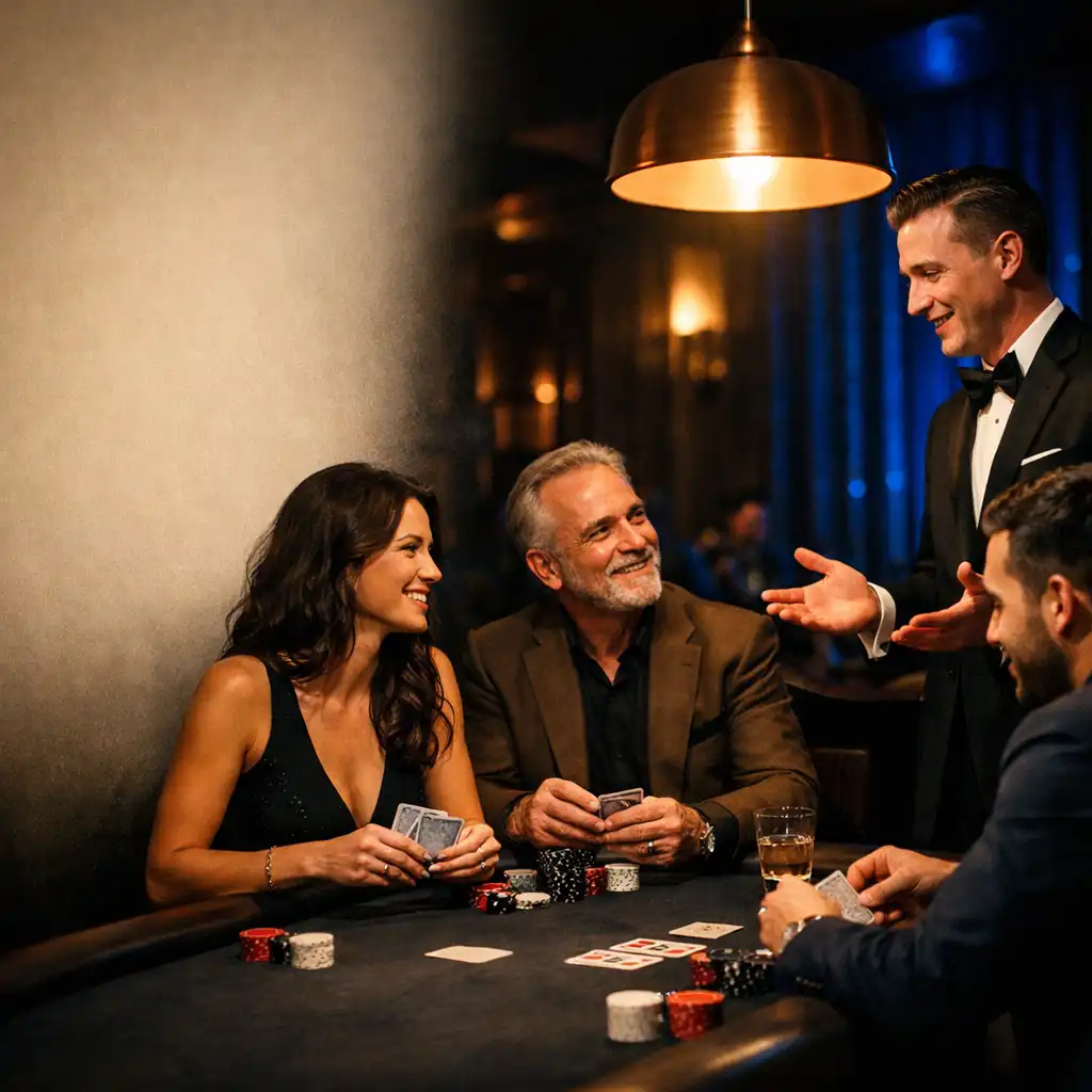 Guests and an event host gathered around a dark felt poker table with physical cards and chips