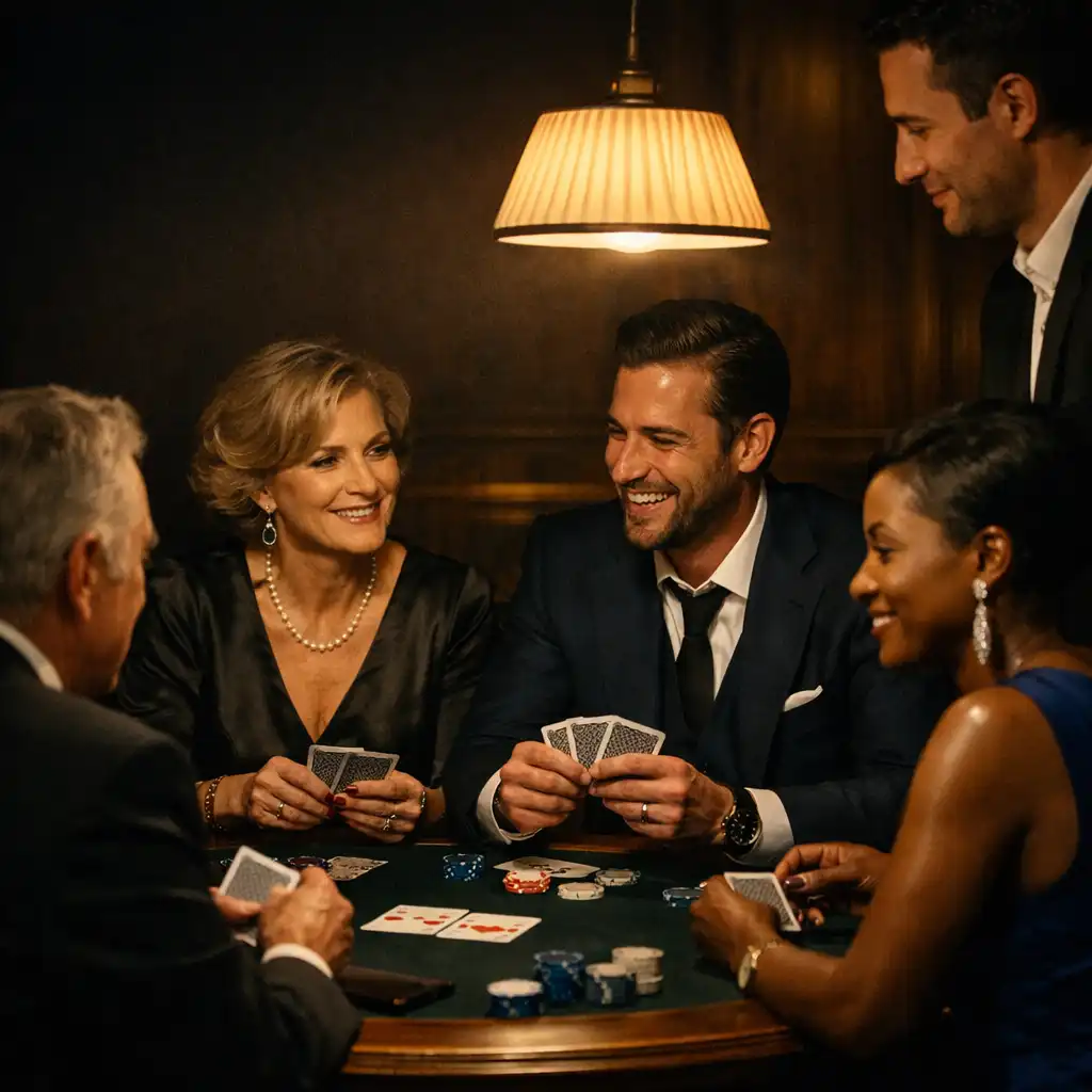 Guests in conversation around a hosted poker table in a warm card lounge